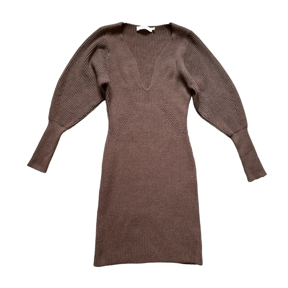 ASTR The Label Plunge V-Neck Knit Sweater Dress Brown Size L